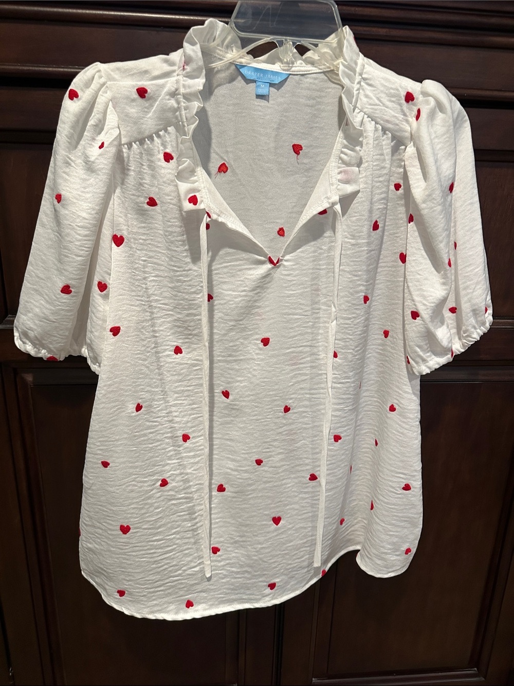 Draper James White Ruffle Tie-Neck Top with Red Heart Motif